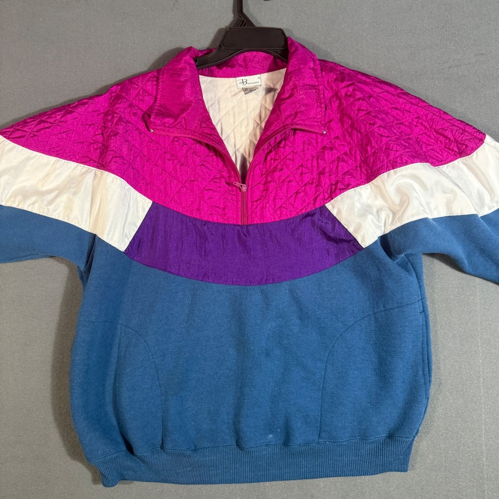 Bocoo Pullover Women L Blue Pink Vintage Colorblock Quilted Quarter Zip Fleece